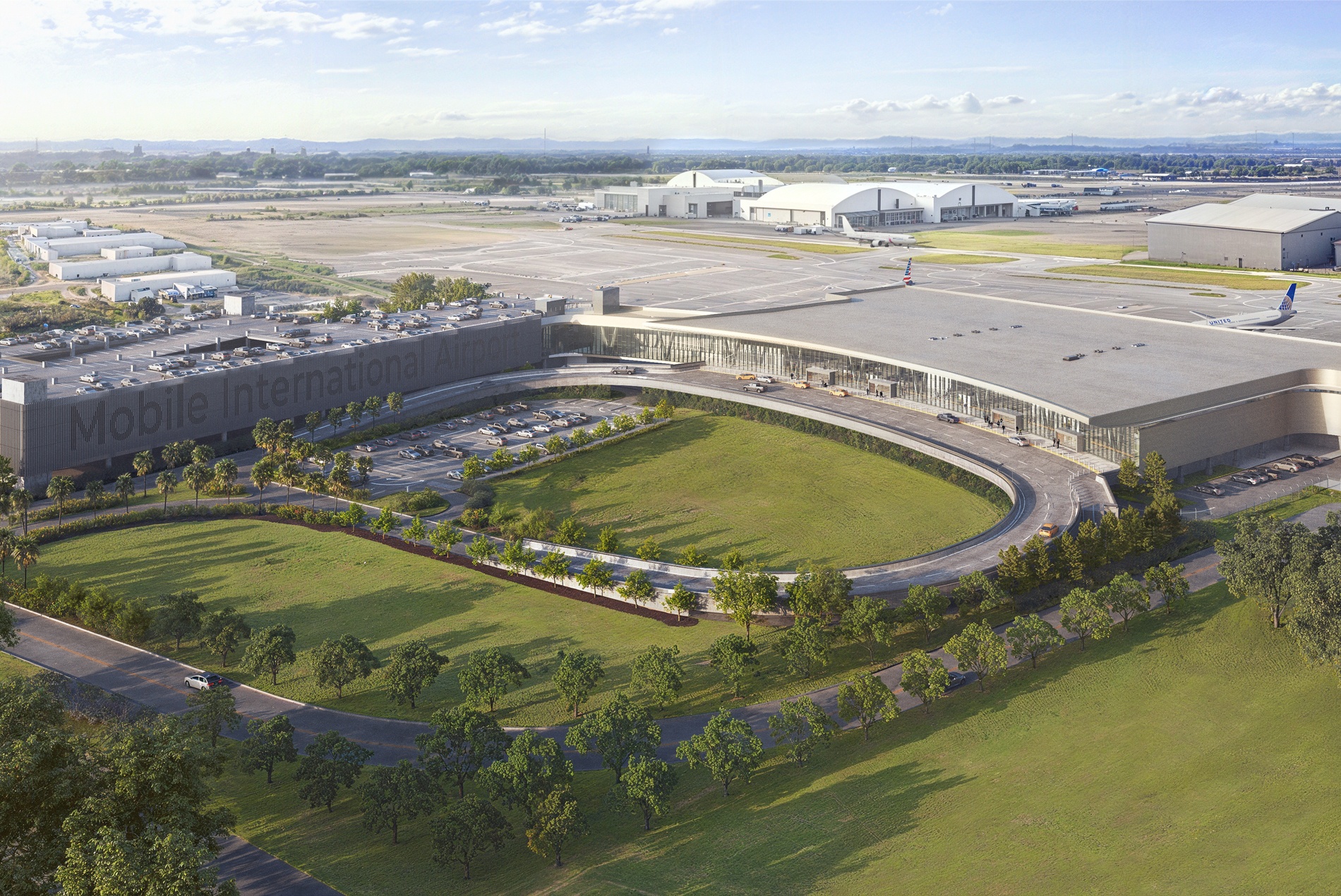 Aerial rendering of Mobile International Airport terminal and parking garage